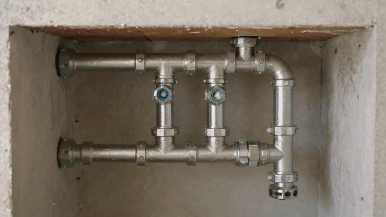 Close documentary detail of plumbing pipework and fittings being installed in a building, clean daylight, restrained tec