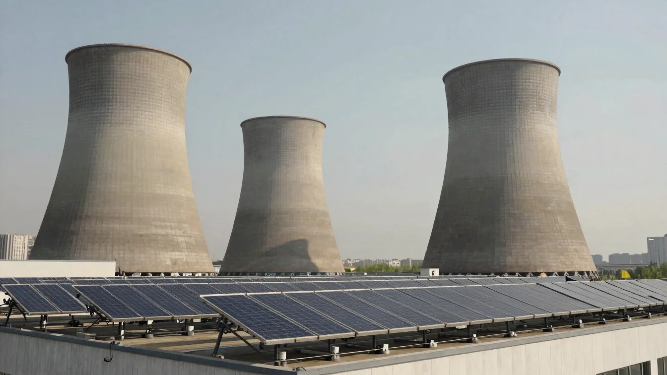 Wide documentary view of a cooling tower and solar thermal collector array on a building roof, natural daylight, neutral