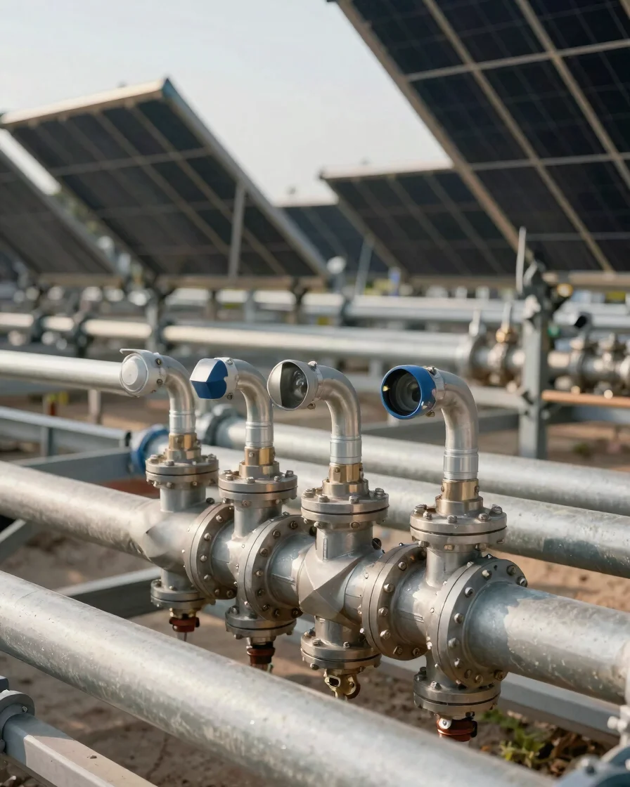 Documentary close-up of solar thermal collector piping joined to a heating manifold in a plant room, clean daylight, tec