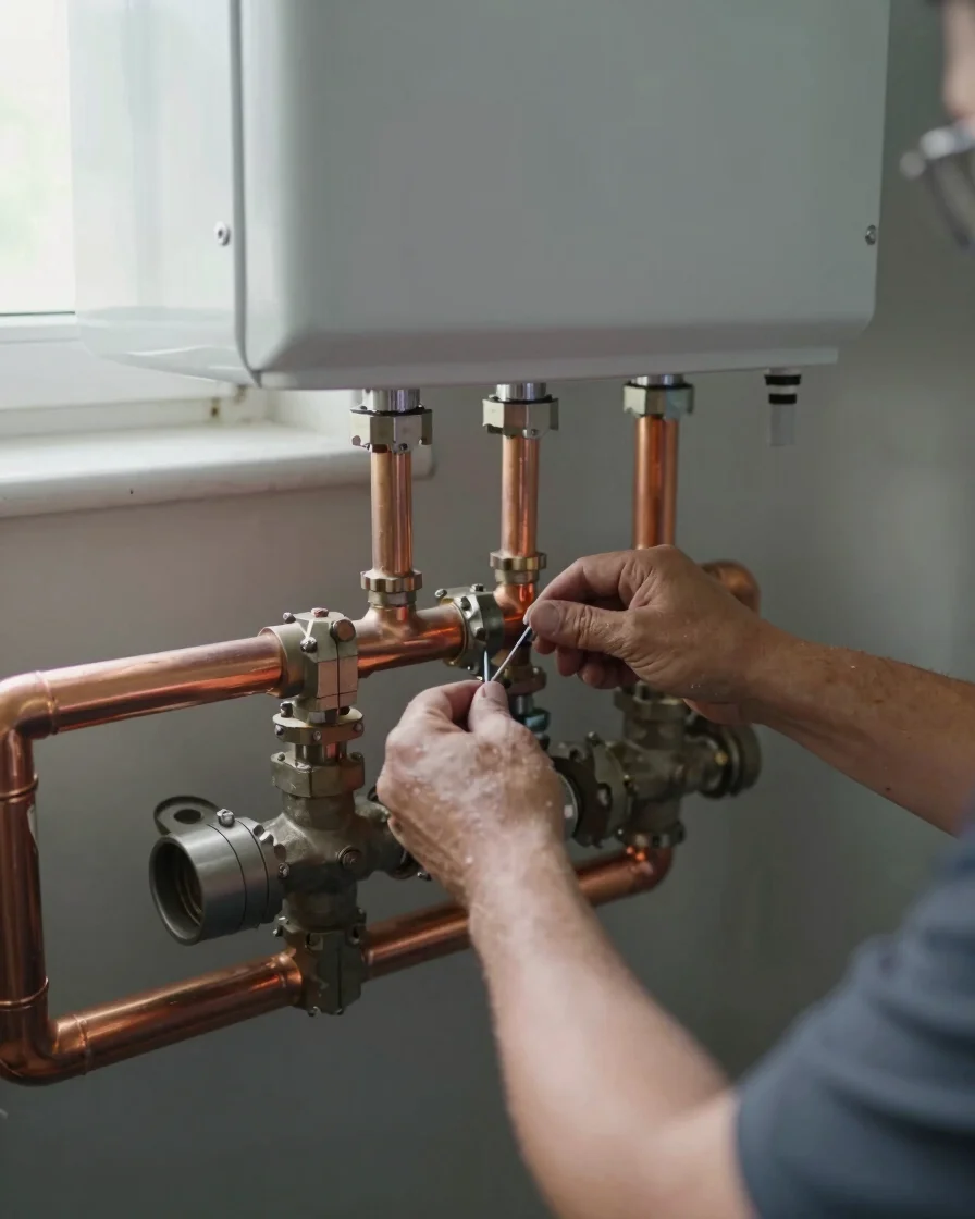 Documentary close-up of an installer fitting copper piping and valves to a boiler in a clean mechanical room, warm dayli