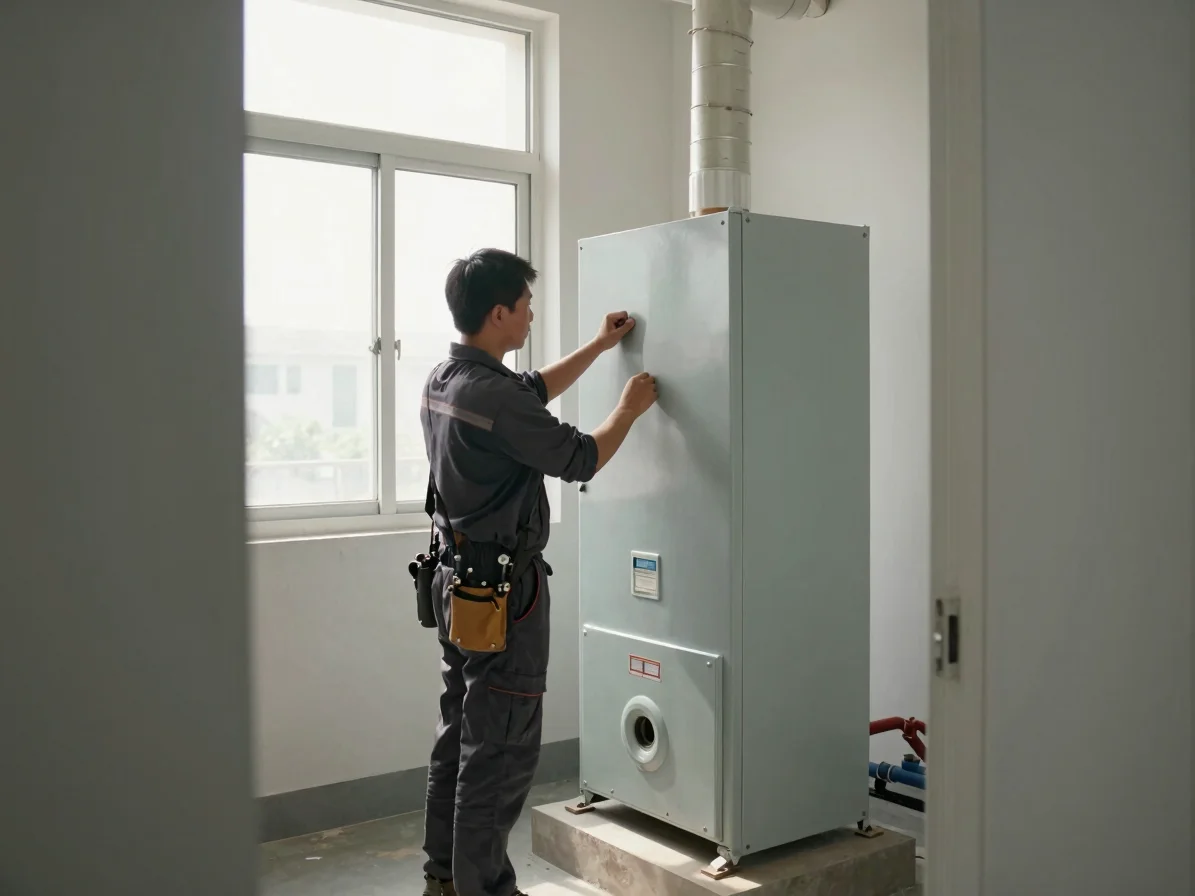 Wide documentary view of an installer positioning a gas-fired fur