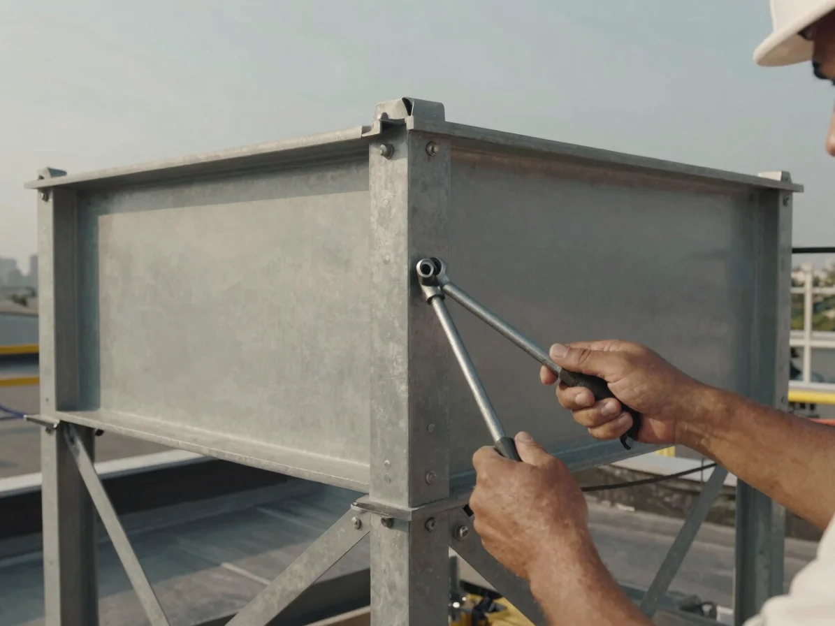 Documentary view of a rooftop cooling tower being anchored to str