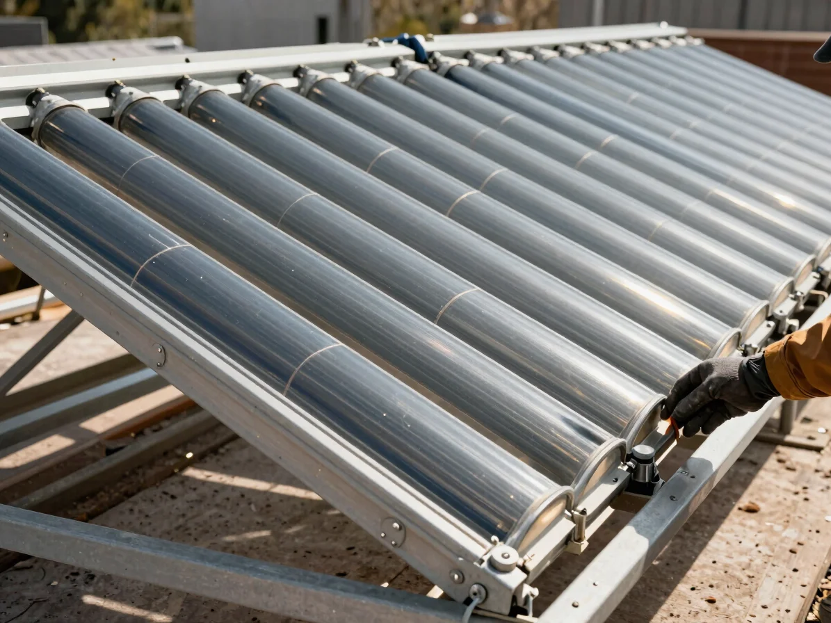 Close detail of non-electric solar thermal collector tubes mounte