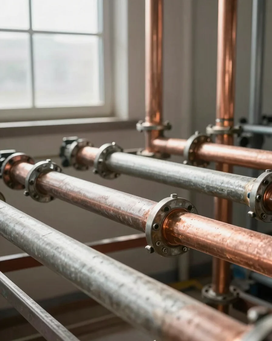Documentary close-up of unpainted copper and steel piping being fitted in a mechanical room, clean daylight from a nearb