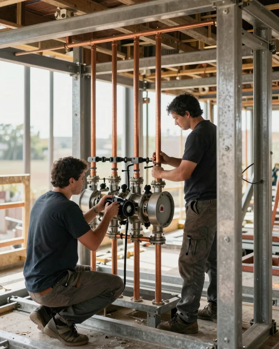 Documentary construction photograph of installers fitting copper